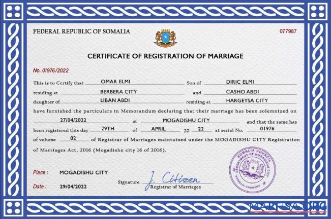 Realistic Somalia marriage certificate PSD template